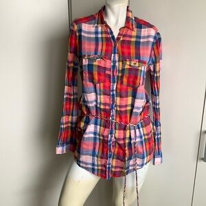 Aerie belted tunic multicolored plaid long sleeve button-up shirt